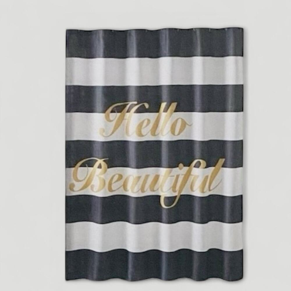 Interiors by Design Shower Curtain 70x70 Black‎ White Gold Hello Beautiful New